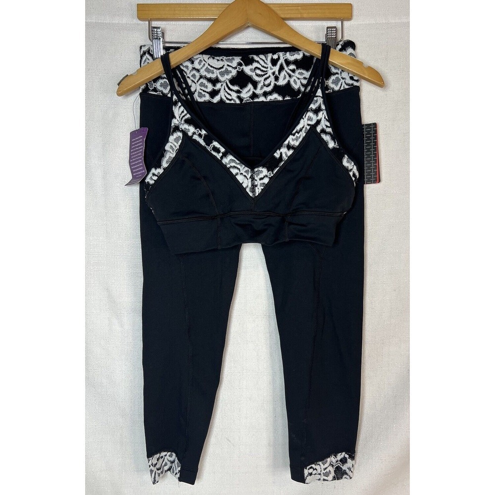 VIMMIA Anthropologie NWT White Flower Black Leggings & Bra (used) Sizes L & M
